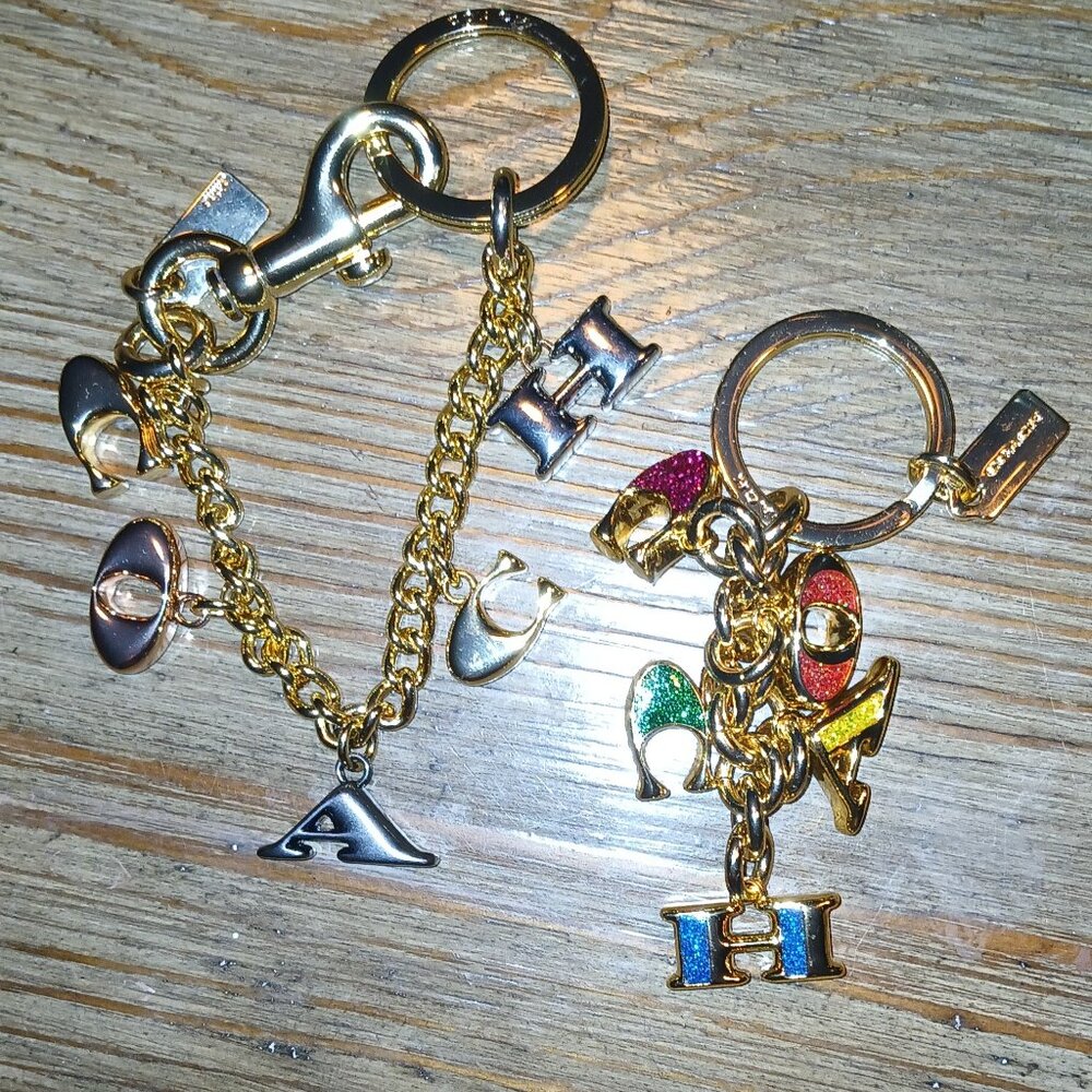 COACH Signature Gold Plain and Multi Colored Bag Charm Key Chain - Set of 2.